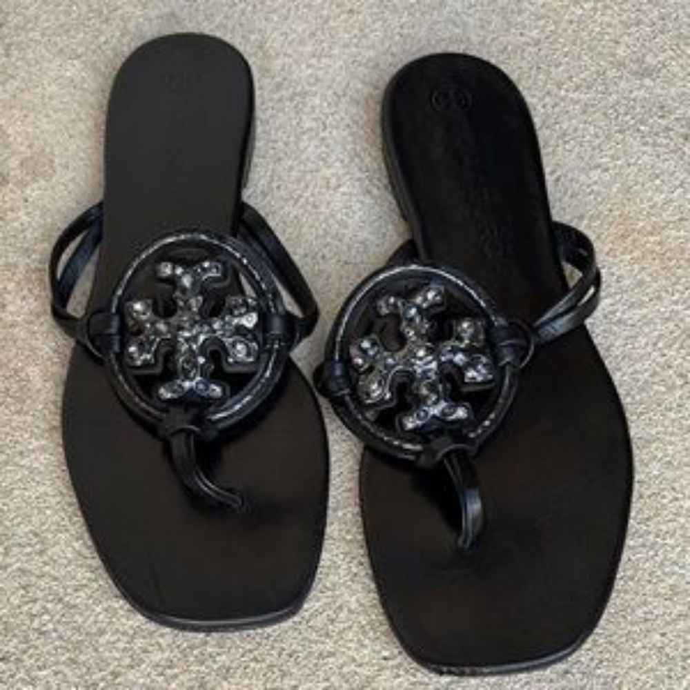 Tory Burch Designer Jeweled Miller Napa Black Leather Sandal Flip Flop Thong 9.5 - Picture 2 of 12